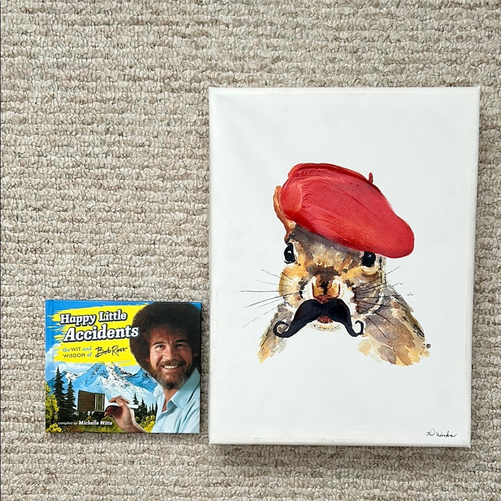 Whimsical Squirrel Canvas Art with Red Beret + Happy Little Accidents Bob Ross 🎨